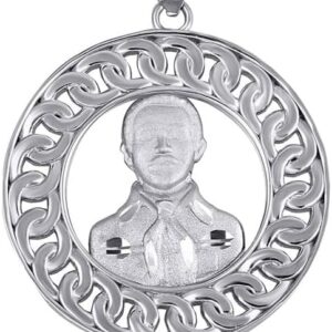 10K or 14K White Gold Cuban Link Round Frame Jesus Malverde Sinaloa Narco-Saint Pendant Necklace - Choose Pendant Only or Necklace Chain Length