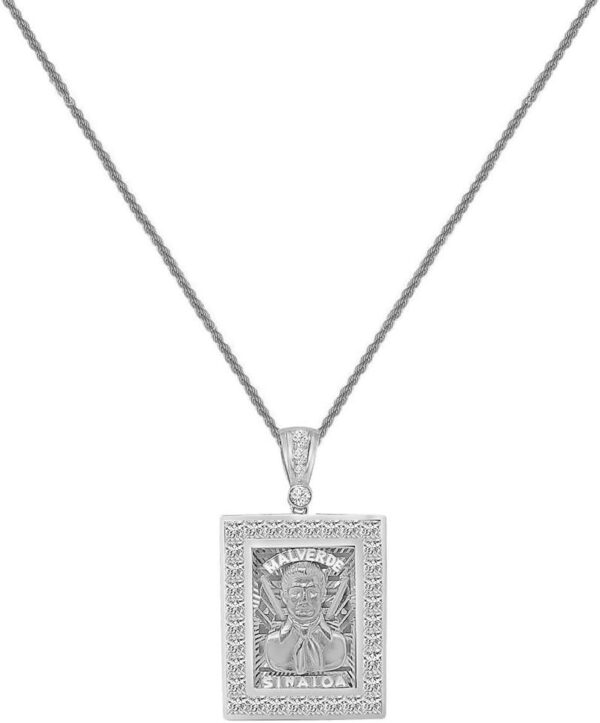 Small 1.25'' Real Sterling Silver Simulated Diamond 14K Gold On Jesús Malverde Sinaloa Narco-Saint Protección Frame Charm Pendant Chain Set