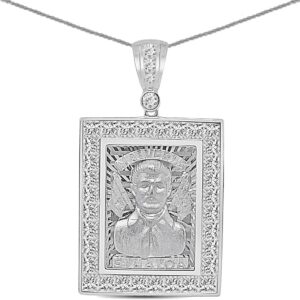 24 Grams Real Genuine Sterling Silver 14K Gold Finish 2.00 Ctw. Simulated Diamond Jesús Malverde Sinaloa Narco-Saint Protección Medalla Frame Charm Pendant Free Chain Neckless 2 Inch