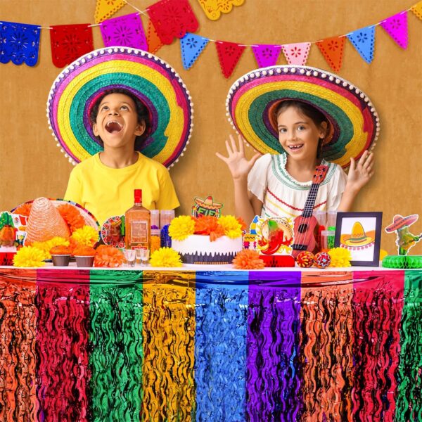 Mega-L Cinco de Mayo Decorations, 2 Pack Fiesta Party Wavy Metallic Tinsel Foil Fringe Table Skirts, Perfect Mexican Themed Decors for Mexican Taco Dia De Los Muertos Birthday Party Table Bar Decor - Image 4