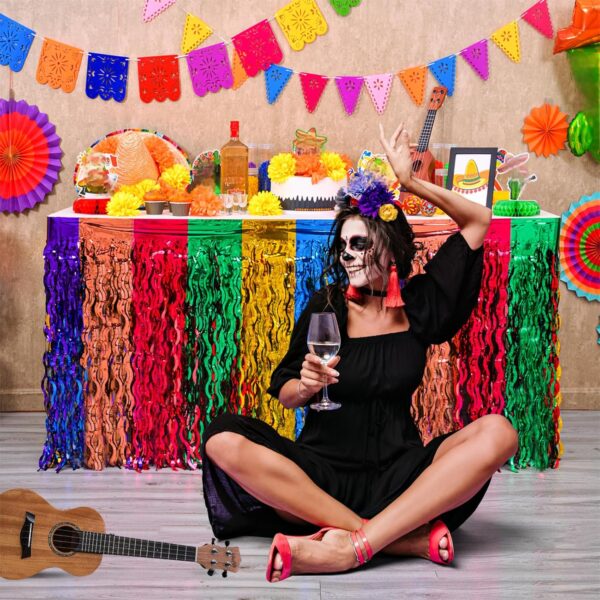 Mega-L Cinco de Mayo Decorations, 2 Pack Fiesta Party Wavy Metallic Tinsel Foil Fringe Table Skirts, Perfect Mexican Themed Decors for Mexican Taco Dia De Los Muertos Birthday Party Table Bar Decor - Image 5