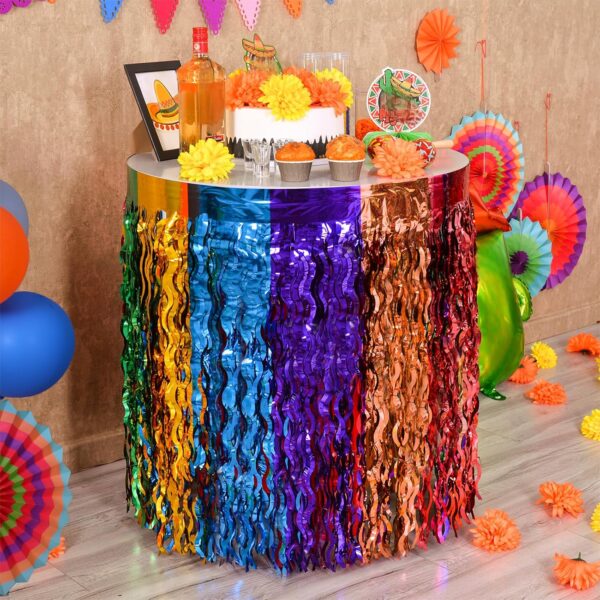 Mega-L Cinco de Mayo Decorations, 2 Pack Fiesta Party Wavy Metallic Tinsel Foil Fringe Table Skirts, Perfect Mexican Themed Decors for Mexican Taco Dia De Los Muertos Birthday Party Table Bar Decor - Image 6
