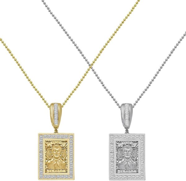 Small 1.60'' Real Sterling Silver Simulated Diamond 14K Gold Finish Jesus Malverde Sinaloa Narco El Santo Patron Frame Charm Pendant + Chain - Image 5