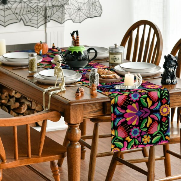 Artoid Mode Floral Dia De Los Muertos Serape Fiesta Mexican Table Runner, Mexico Day of The Dead Kitchen Dining Table Decoration for Home Party Decor 13x90 Inch - Image 3