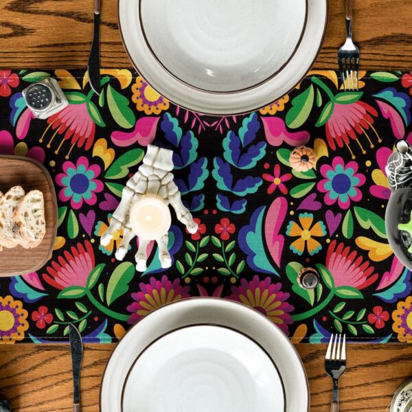 Artoid Mode Floral Dia De Los Muertos Serape Fiesta Mexican Table Runner, Mexico Day of The Dead Kitchen Dining Table Decoration for Home Party Decor 13x90 Inch - Image 4