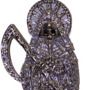 Men Women Silver Iced Santa Muerte Charm Ice Out Pendant Stainless Steel Real 2 mm Rope Necklace, Mens Jewelry, Nuestra Señora de la Santa Muerte Our Lady of Holy Death Protection Charm Medallion
