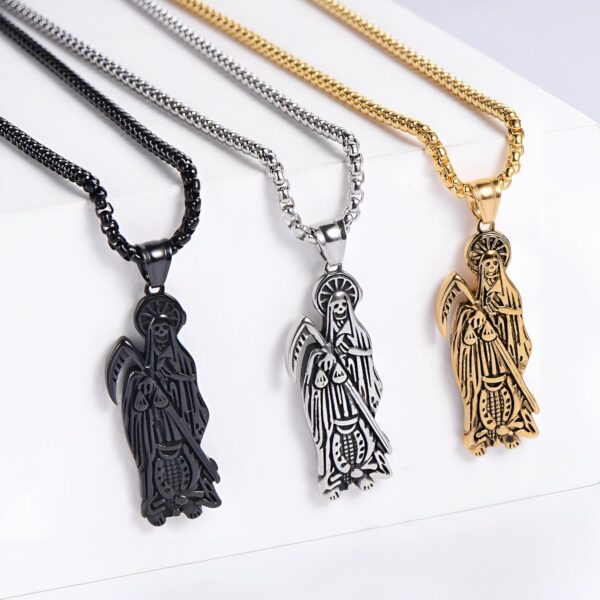 14K Gold Filled Santa Muerte Necklace For Women And Men - 925 Sterling Silver Hip Hop Holy Saint Death La Santa Muerte Pendant Chain Memento Mori Skull Biker Religious Jewelry Amulet Gifts - Image 3