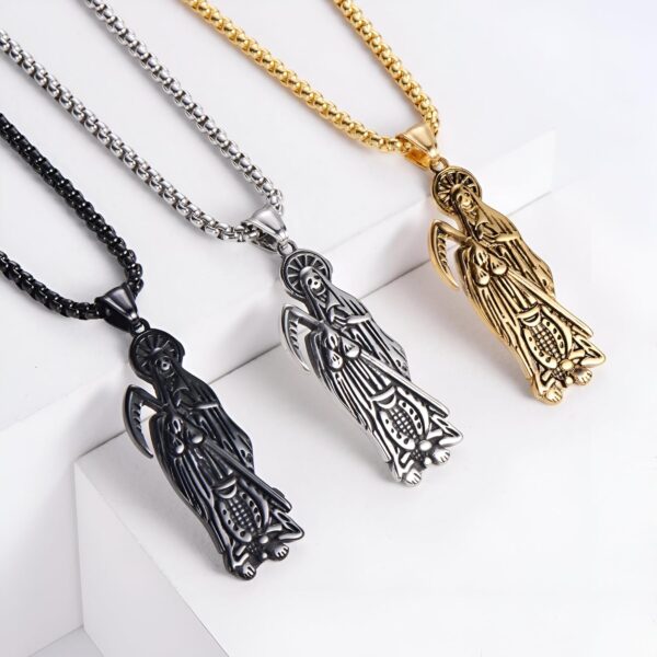 14K Gold Filled Santa Muerte Necklace For Women And Men - 925 Sterling Silver Hip Hop Holy Saint Death La Santa Muerte Pendant Chain Memento Mori Skull Biker Religious Jewelry Amulet Gifts - Image 5