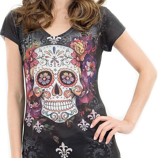 Made in USA - Sugar Skull Shirts for Women - V Neck T Shirt Tee - Beautiful Quality Print Decorated with Rhinestones - Image 3