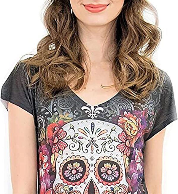 Made in USA - Sugar Skull Shirts for Women - V Neck T Shirt Tee - Beautiful Quality Print Decorated with Rhinestones - Image 4