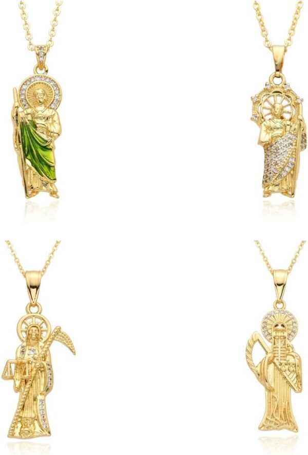 14K Yellow Gold Zircon La Santa Muerte Necklace For Women And Men - Holy Death's Pendant Necklace, Santa Muerte Pendant Necklace, Holy Saint Death Necklace Religious Jewelry For Women Men - Image 2