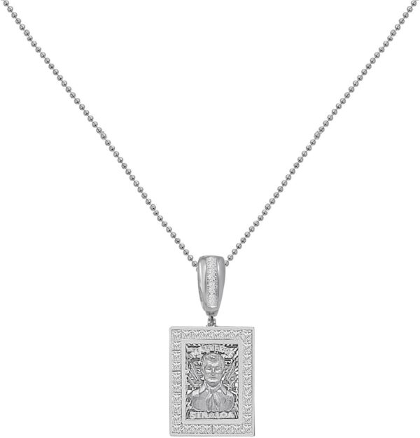 Small 1.60'' Real Sterling Silver Simulated Diamond 14K Gold Finish Jesus Malverde Sinaloa Narco El Santo Patron Frame Charm Pendant + Chain
