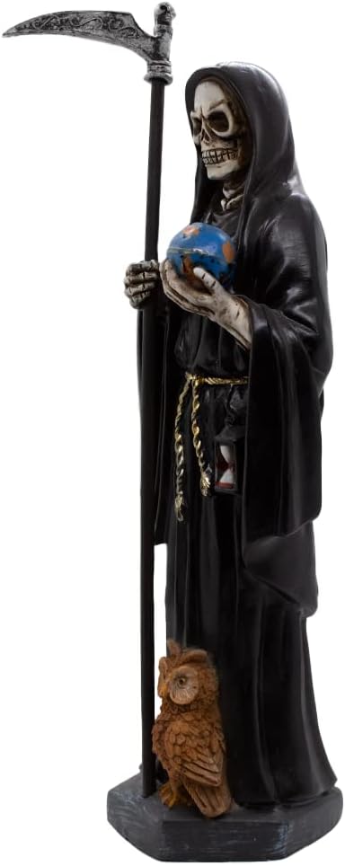 VILLAGE GIFT IMPORTERS Nuestra Señora de la Santa Muerte | Our Lady of a Holy Death | Skeleton Statue Robed in Black and Holding a Globe and Scythe with a Brown Owl at Her Feet | Home Décor - Image 4