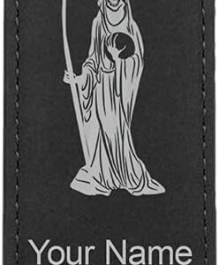 LaserGram Bottle Opener, Santa Muerte, Personalized Engraving Included (Faux Leather, Black & Silver)