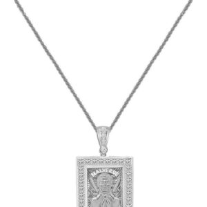 Small 1.25'' Real Sterling Silver Simulated Diamond 14K Gold On Jesús Malverde Sinaloa Narco-Saint Protección Frame Charm Pendant Chain Set