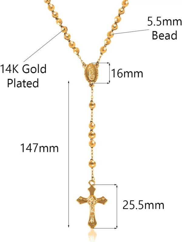 Savlano 14K Gold Plated Beaded Rosary Cross Necklace – 6.5MM Crucifix Cross Medallion Rosary Chain Y-Necklace for Women & Men Religious Jewelry Comes in Gold, Gold-Rose-Silver with a Gift Box - Image 2