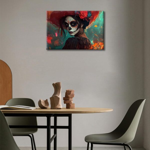 Sugar Skull Girl Wall Art for Bedroom 1 Panels Sugar Skull Makeup Canvas Painting Mexican Day of the Dead Wall Art for Living Room Contemporary Home Decor Stretched on Wooden Frame (12"Wx18"H) - Image 4