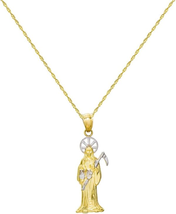 14K Two Tone Gold Santa Muerte Charm Pendant Necklace - 0.8 mm Singapore Chain - Image 2