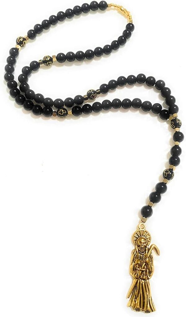 Acrylic Holy death's necklace, rosary style. Collar de la Santa Muerte de acrilico estilo rosario. Grim reaper Y style necklace.
