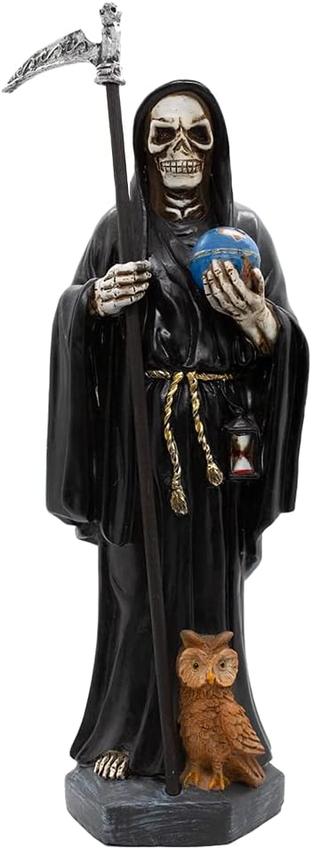 VILLAGE GIFT IMPORTERS Nuestra Señora de la Santa Muerte | Our Lady of a Holy Death | Skeleton Statue Robed in Black and Holding a Globe and Scythe with a Brown Owl at Her Feet | Home Décor