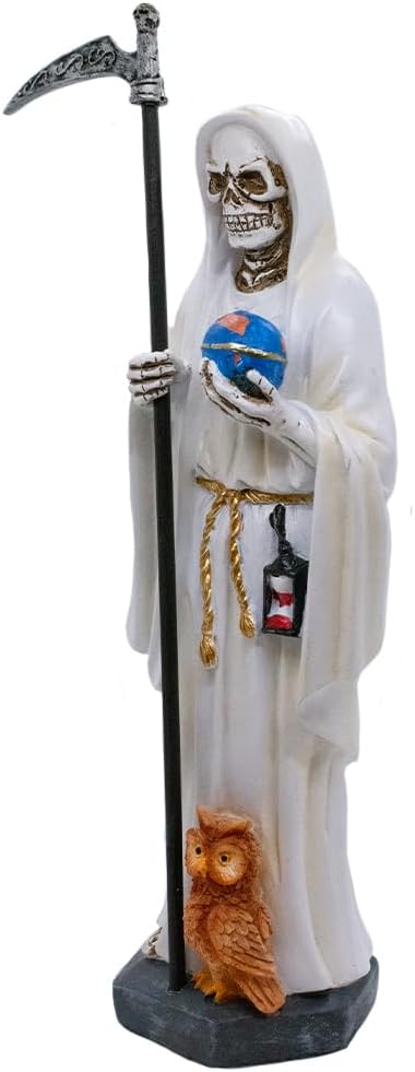 VILLAGE GIFT IMPORTERS 11.5" White Santa Muerte Statue | Our Lady of a Holy Death | Skeleton Statue Holding a Globe and Scythe with a Brown Owl at Her Feet | Hispanic Catholic Home Décor - Image 2