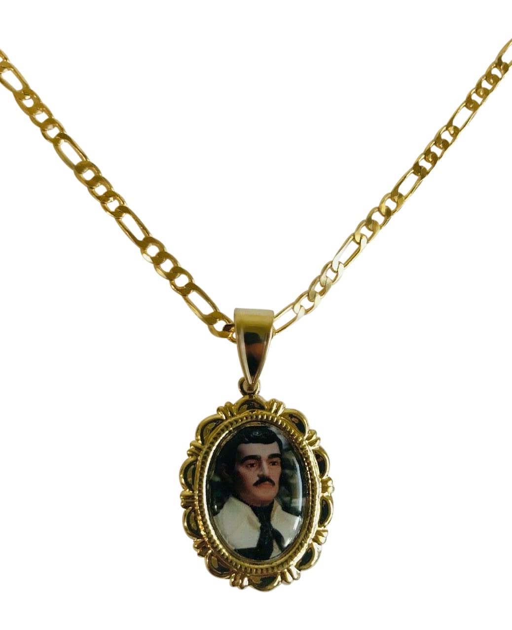 Santuario Jewelry Jesus Malverde Medalla y Cadena Figaro Gold Filled hecha a mano