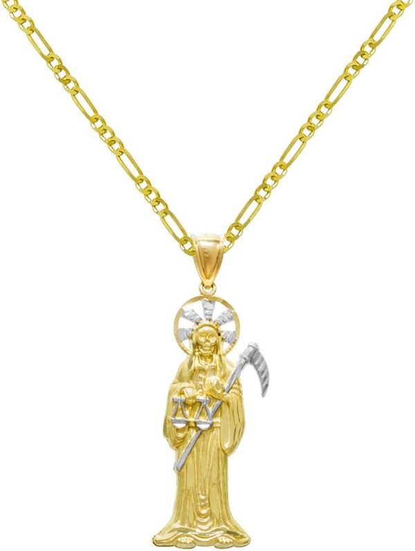 14K Two Tone Gold Santa Muerte Charm Pendant Necklace - 1.5 mm Figaro Chain - Image 2
