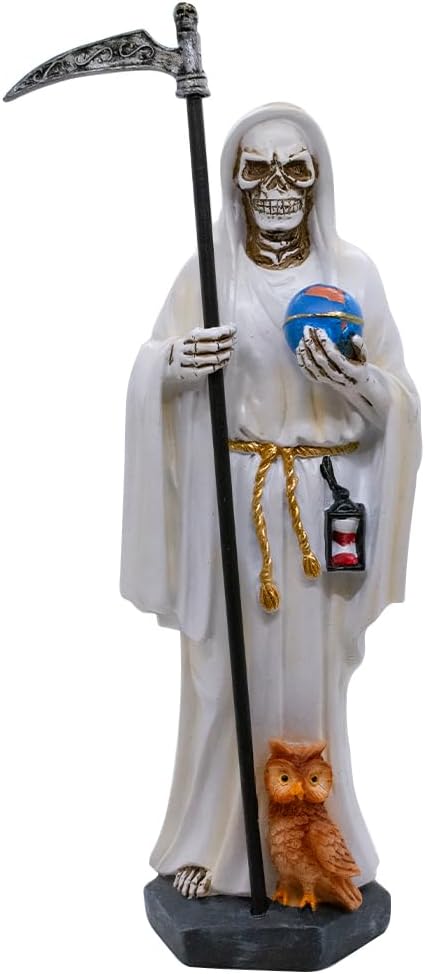 VILLAGE GIFT IMPORTERS 11.5" White Santa Muerte Statue | Our Lady of a Holy Death | Skeleton Statue Holding a Globe and Scythe with a Brown Owl at Her Feet | Hispanic Catholic Home Décor