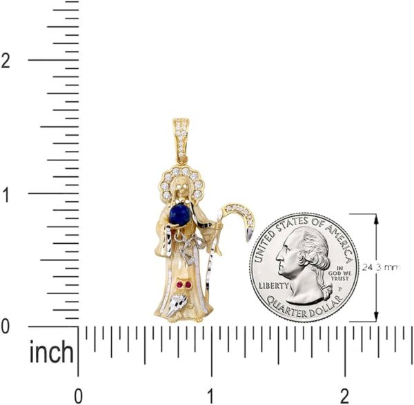 14k Yellow Gold Santa Muerte Holding Globe Pendant with Cubic Zirconia Stones - Image 2