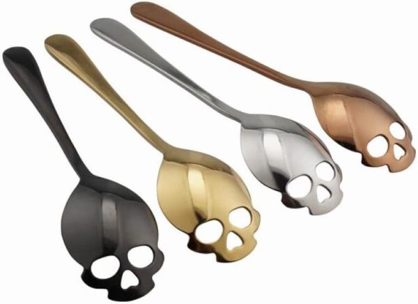 304 Stainless Steel Skull Sugar Spoon Dessert Tea Coffee Stirring Spoon Set of 6 (Black) - Image 6