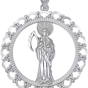 .925 Sterling Silver Openwork Nuestra Señora de la Santa Muerte Our Lady of the Holy Death Catholic Pendant Necklace - Choice of Chain Length or Charm Only Size (S-L)