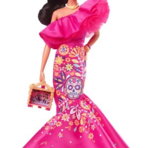 Barbie Signature Fashion Doll, 2023 Dia de Muertos Collectible Wearing Ruffled Pink Gown & Holding Tiny Ofrenda, Includes Doll Stand
