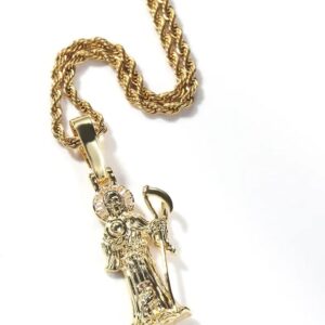 The Jewelers House 14K Gold Finish Simulated Diamond Customized Grim Reaper Santa Muerte Death Angel Charm Pendant Necklace, Gift For him, Christmas Gift, Free Chain