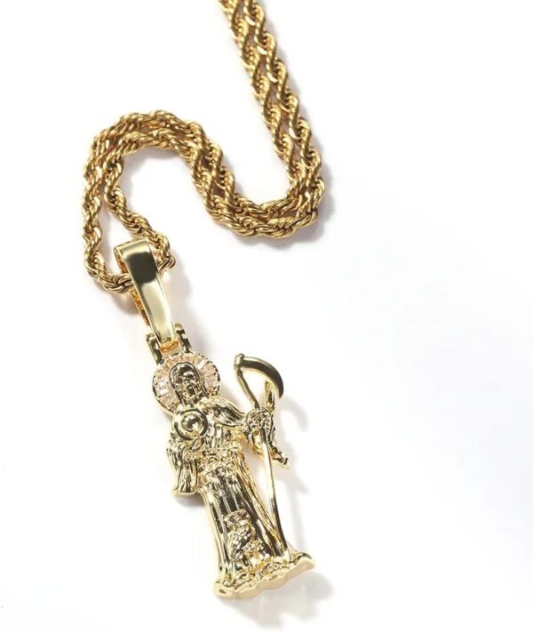 The Jewelers House 14K Gold Finish Simulated Diamond Customized Grim Reaper Santa Muerte Death Angel Charm Pendant Necklace, Gift For him, Christmas Gift, Free Chain