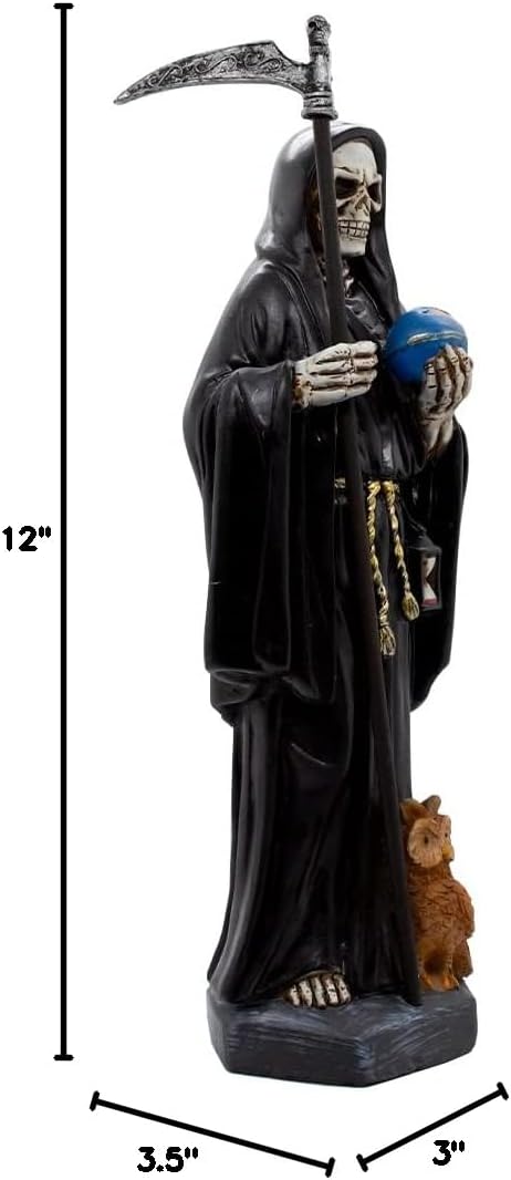 VILLAGE GIFT IMPORTERS Nuestra Señora de la Santa Muerte | Our Lady of a Holy Death | Skeleton Statue Robed in Black and Holding a Globe and Scythe with a Brown Owl at Her Feet | Home Décor - Image 5