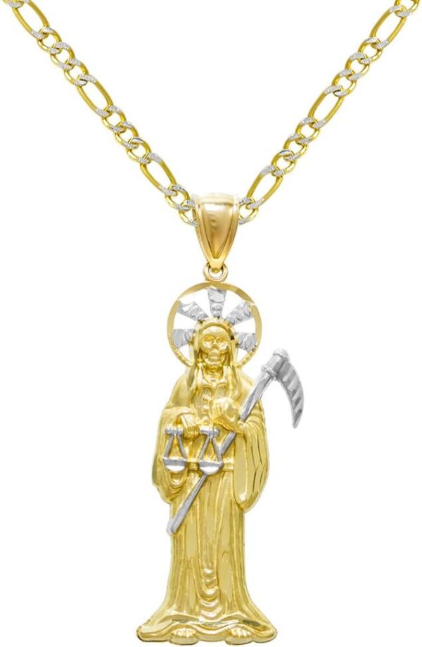 14K Two Tone Gold Santa Muerte Charm Pendant Necklace - 2.5 mm White Pave Figaro Chain - Image 2