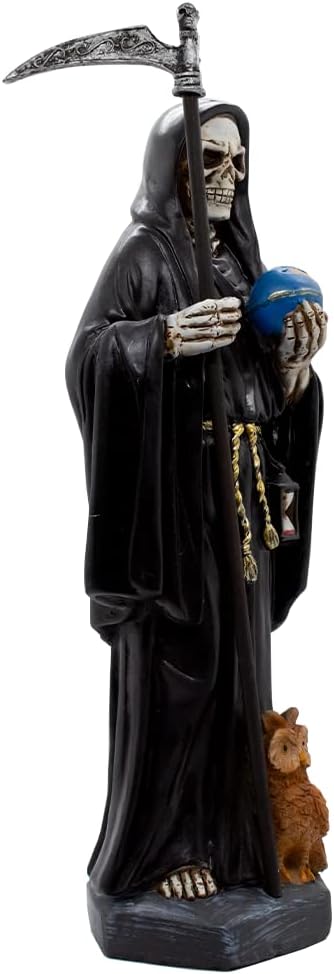 VILLAGE GIFT IMPORTERS Nuestra Señora de la Santa Muerte | Our Lady of a Holy Death | Skeleton Statue Robed in Black and Holding a Globe and Scythe with a Brown Owl at Her Feet | Home Décor - Image 2