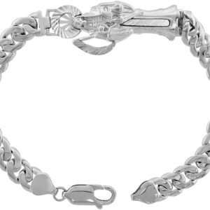 Sterling Silver Santa Muerte Bracelet for Men 6mm Cuban Link Diamon Cut Halo Rhodium Finish 7 inch