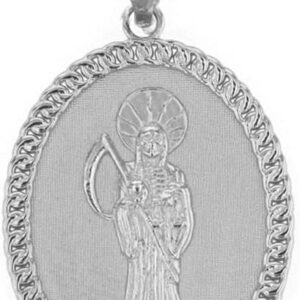 925 Sterling Silver Santa Muerte (Grim Reaper) Oval Medal Charm Pendant