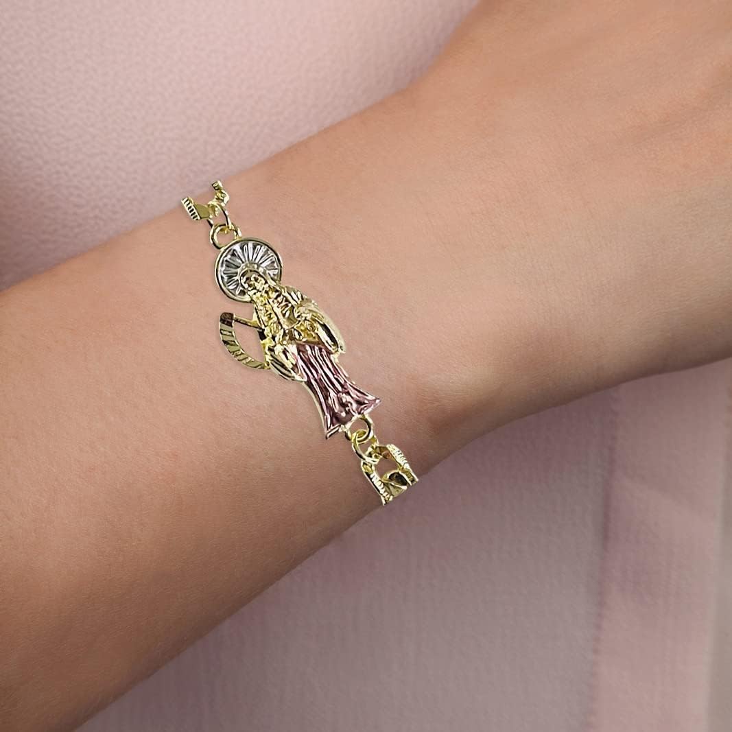 Gold Plate Santa Muerte Chain ID Bracelet For Women Men, La Santa Muerte Goth For Gifts, Mexican Skull Grim Reaper Jewelry - Image 5