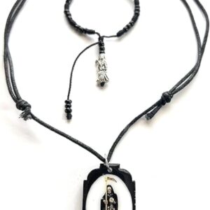 Black Santa Muerte scapular and matching black bracelet., Adjustable