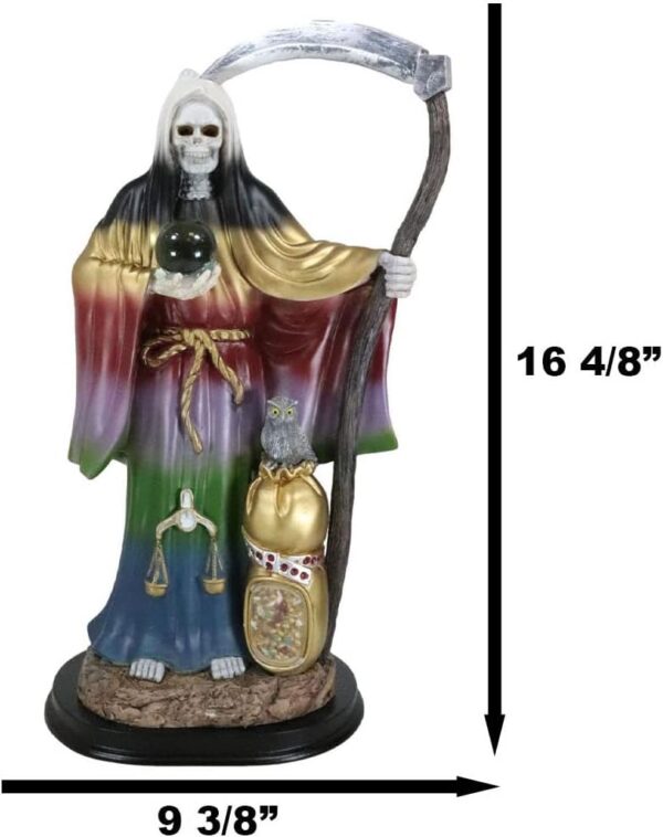 Ebros Gift Large 16.75" Tall Holy Death Santa Muerte Holding Scythe, Glass Globe with Scales of Justice and Owl in Tunic Robe Statue Day of The Dead Bone Mother Decorative Figurine (Rainbow Spectrum) - Image 8