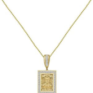 Small 1.60'' Real Sterling Silver Simulated Diamond 14K Gold Finish Jesus Malverde Sinaloa Narco El Santo Patron Frame Charm Pendant + Chain