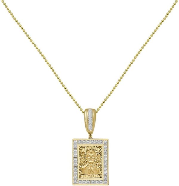 Small 1.60'' Real Sterling Silver Simulated Diamond 14K Gold Finish Jesus Malverde Sinaloa Narco El Santo Patron Frame Charm Pendant + Chain