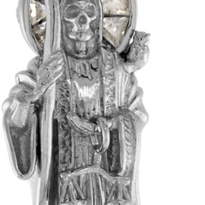 1.5-3.5 inch Sterling Silver Cubic Zirconia Santa Muerte Pendant for Men Scythe Scales Rhodium Finish