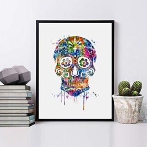 Skull Art Print Watercolor Wall Art Wall Hanging for Kids Wall Decor Flower Sugar Skull Decor Painting Art Paper Painting Decor 8x10 inch No Frame