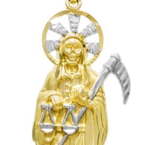 14K Two Tone Gold Santa Muerte Charm Pendant Necklace - 1.5 mm Figaro Chain