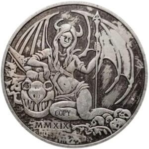Santa Muerte Saint Death Nude Naked Female Grim Reaper Demon Devil Succubus Hell Horns Wings Tail Spear Skull Copy U.S Hobo Morgan Coin Silver Plated Replica Commemorative