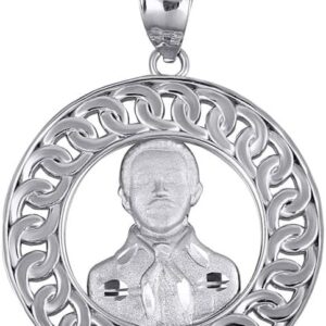 Sterling Silver Cuban Link Round Frame Jesus Malverde Sinaloa Narco-Saint Pendant Necklace - Choose Pendant Only or Necklace Chain Length