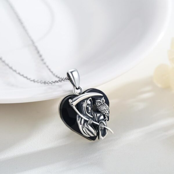 Santa Muerte Necklace for Men Sterling Silver Owl Skull Grim Reaper Pendant Heart Crystal Oxidation Skull Holy Death Scythe Aumelt Charm Necklace Jewelry Gifts for Father's Day Halloween Christmas - Image 2